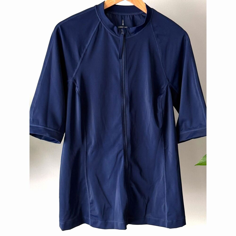 Lands End Navy Blue Full Zip Short Sleeve Rash Guard | Surf Beach Sun | Sz L - Picture 2 of 9